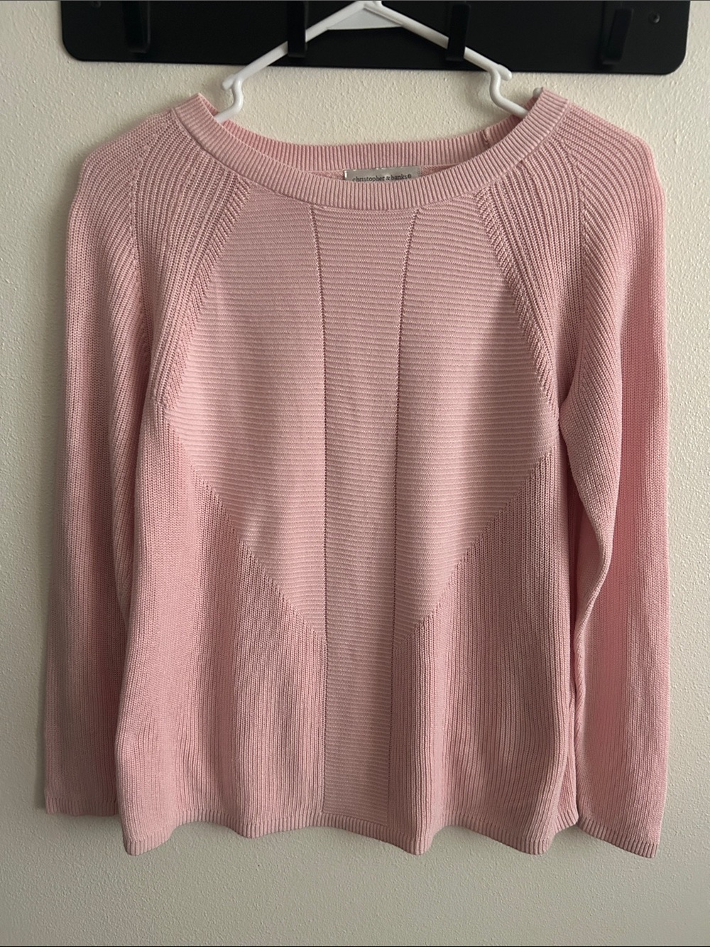 Pretty Light Pink Ribbed Panel Long-Sleeve Women's Lightweight Sweater: S